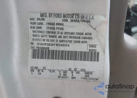 2000 Ford Focus Zts из США, поврежденный, VIN 1FAHP3838YW340574